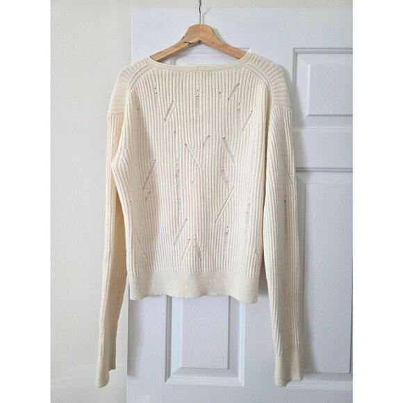 HELMUT LANG V-Neck Drop-Needle Wool Sweater Cream Distressed L - Picture 4 of 10